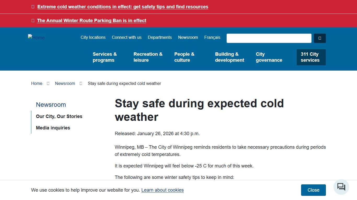 Stay safe during expected cold weather City of Winnipeg